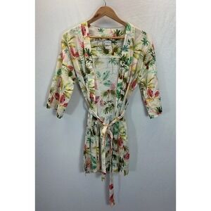 THE LAZY POET Tropical Print 100% Linen Kimono Cover up Robe Size S/M Lola